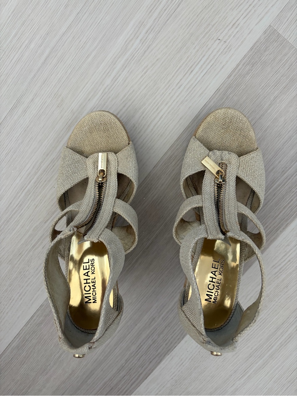 MICHAEL Michael Kors Beige Gold-Trim Wedge Sandals